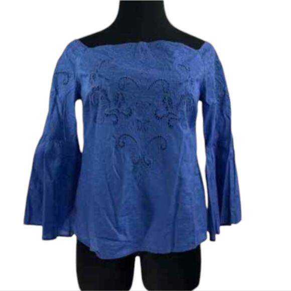 Chico's Off Shoulder Bell Sleeve Cutout Floral Royal Blue Shirt Size 3 XL - Picture 4 of 11
